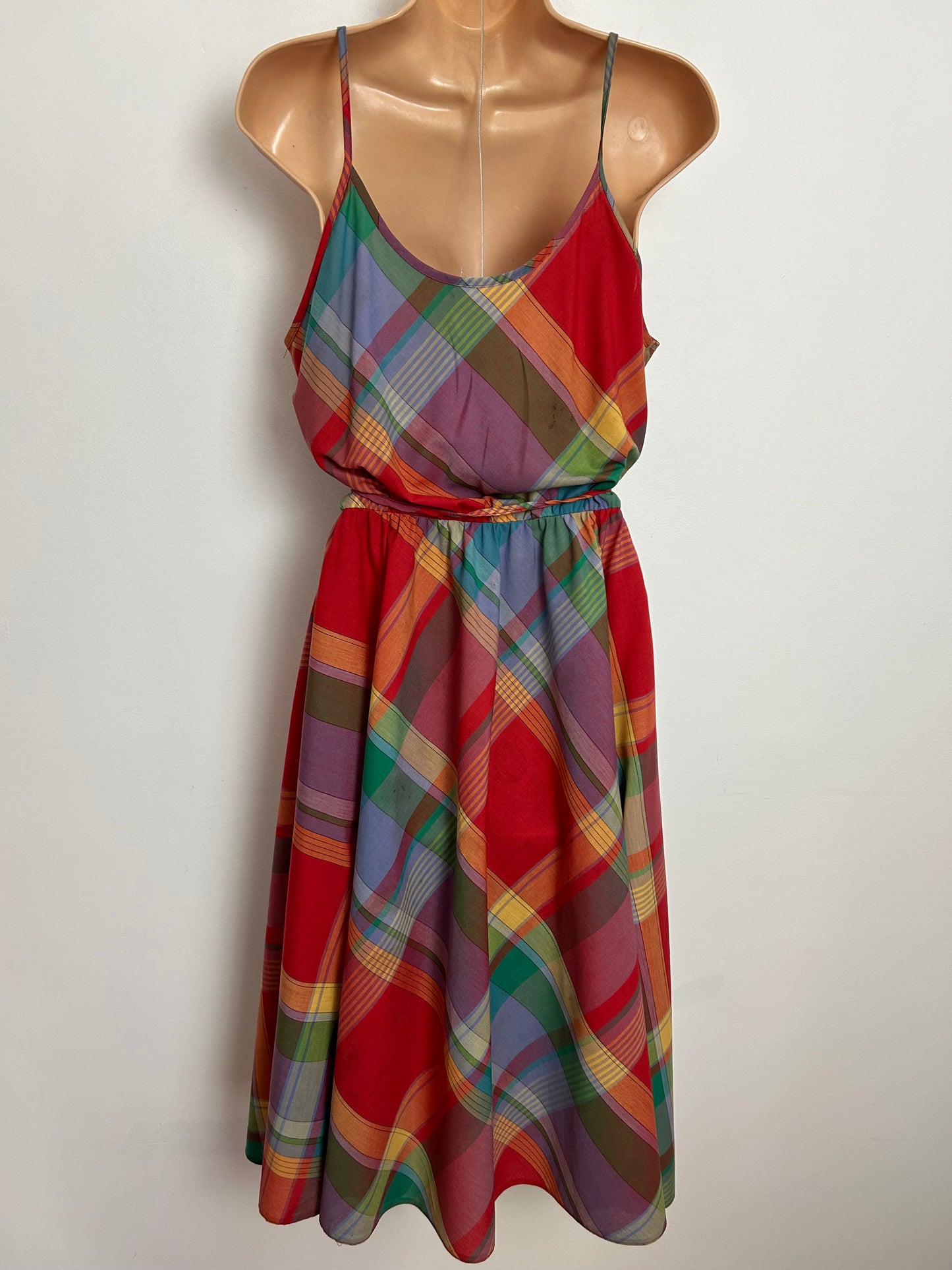 Vintage Late 1970s ST MICHAEL UK Size 14 Red Rainbow Check Print Cotton Mix Belted Summer Dress