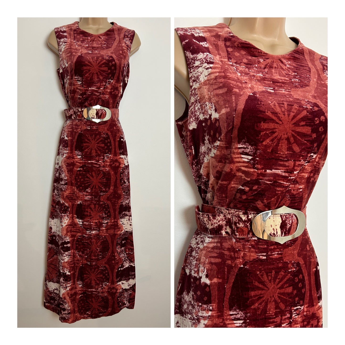 Vintage 1970s UK Size 8 Velvet Velour Brick Red Tones Abstract Print Sleeveless Belted Boho Maxi Dress