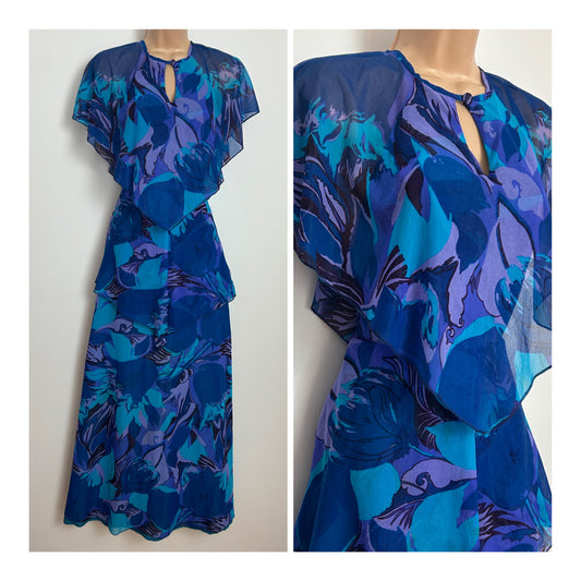 Vintage 1970s Size 6 Blue & Purple Tones Abstract Floral Print Layered Cape Sleeve Maxi Dress