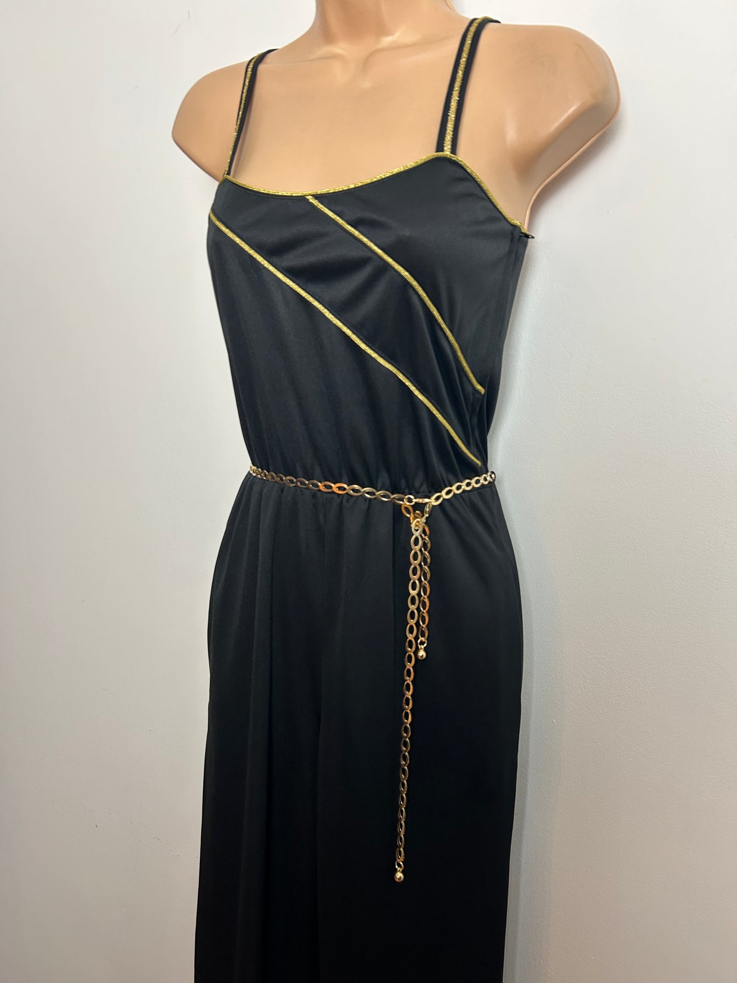 Vintage 1980s Size 6 Black & Metallic Gold Piping Trim Strappy Belted Tapered Evening Party Jumpsuit