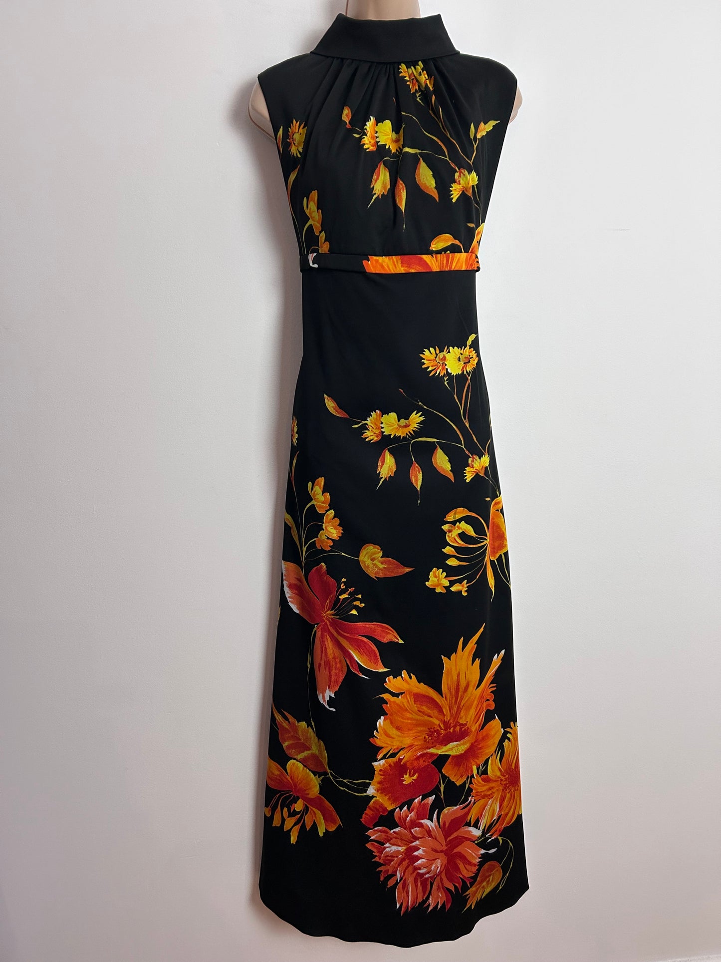 Vintage 1970s KIO UK Size 12 Gorgeous Black Orange & Yellow Tones Floral Print Scarf Back Occasion Maxi Dress
