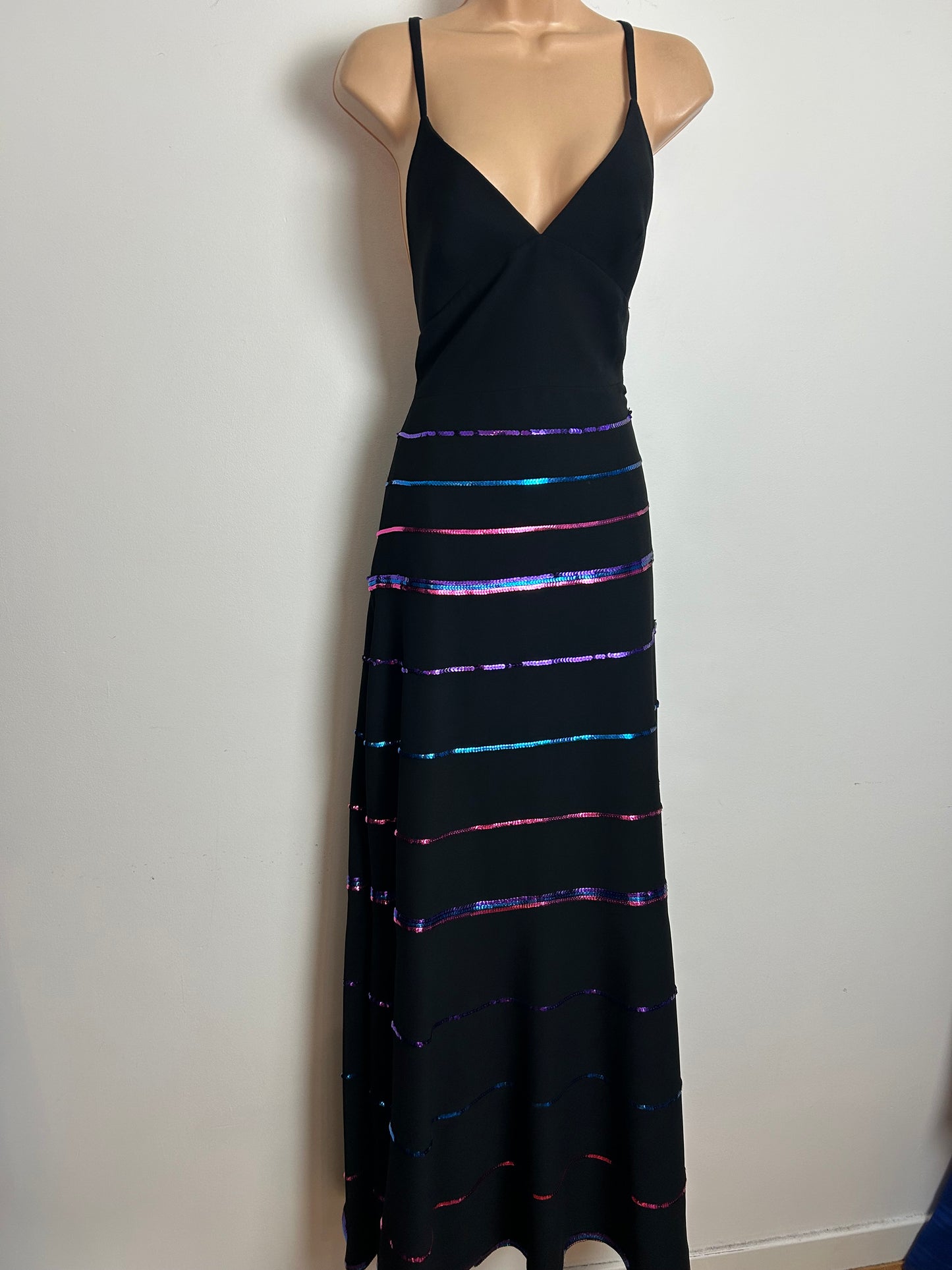 Vintage 1970s LOUIS FERAUD Size 6 Black Halterneck Purple Blue & Pink Sequin Detail Evening Party Maxi Dress