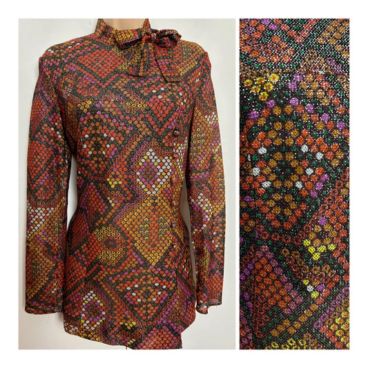 Vintage Early 1970s UK Size 12 Orange Pink & Yellow Lurex Tie Neck Long Sleeve Top