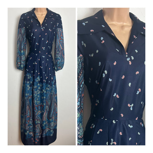 Vintage 1970s Size 10 Navy Blue Teal Green & Rust Floral & Paisley Print Long Sleeve Maxi Dress