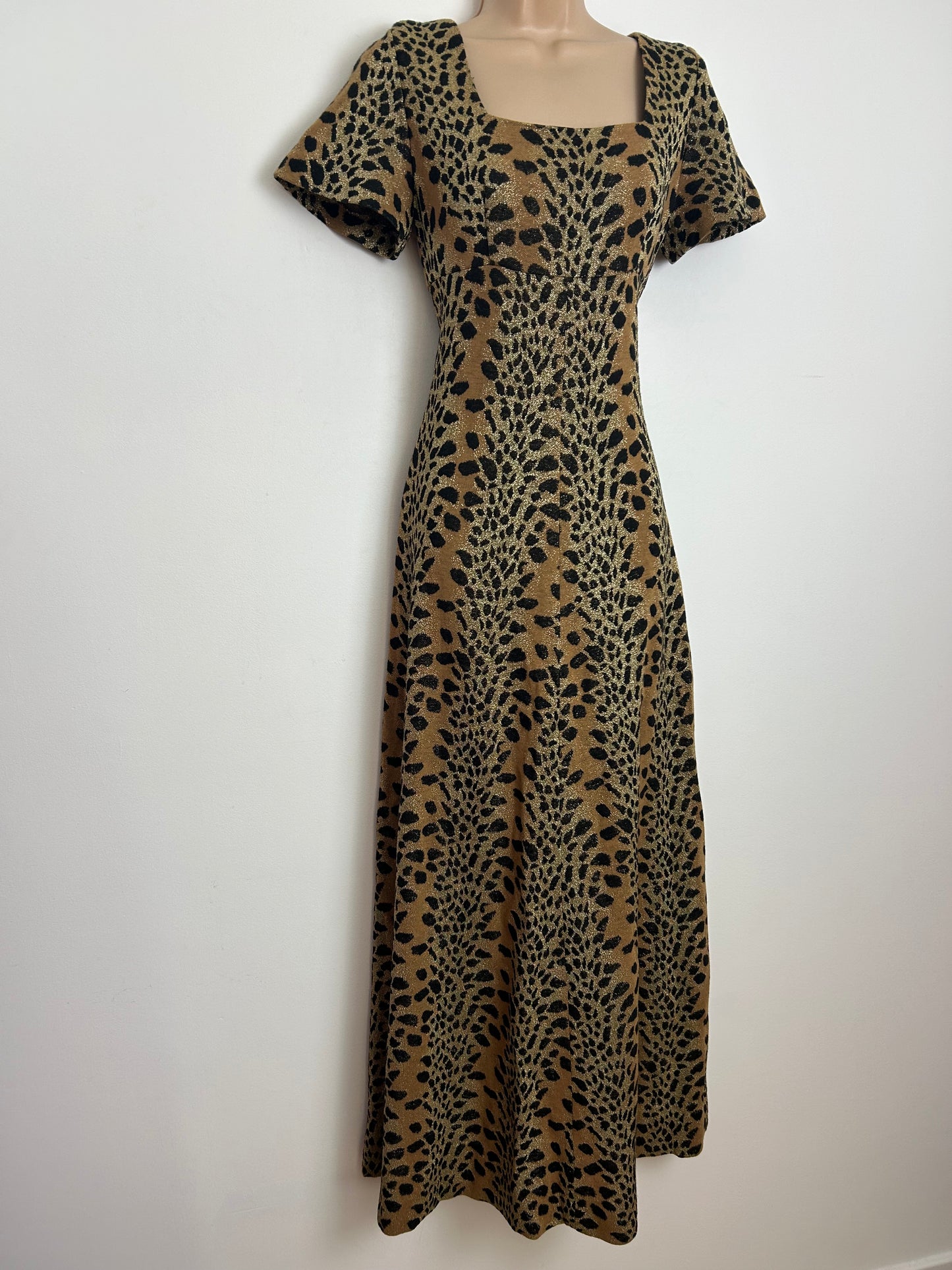 Vintage 1970s MADEMOISELLE Size 8 Black Tan & Gold Lurex Animal Print Evening Maxi Dress