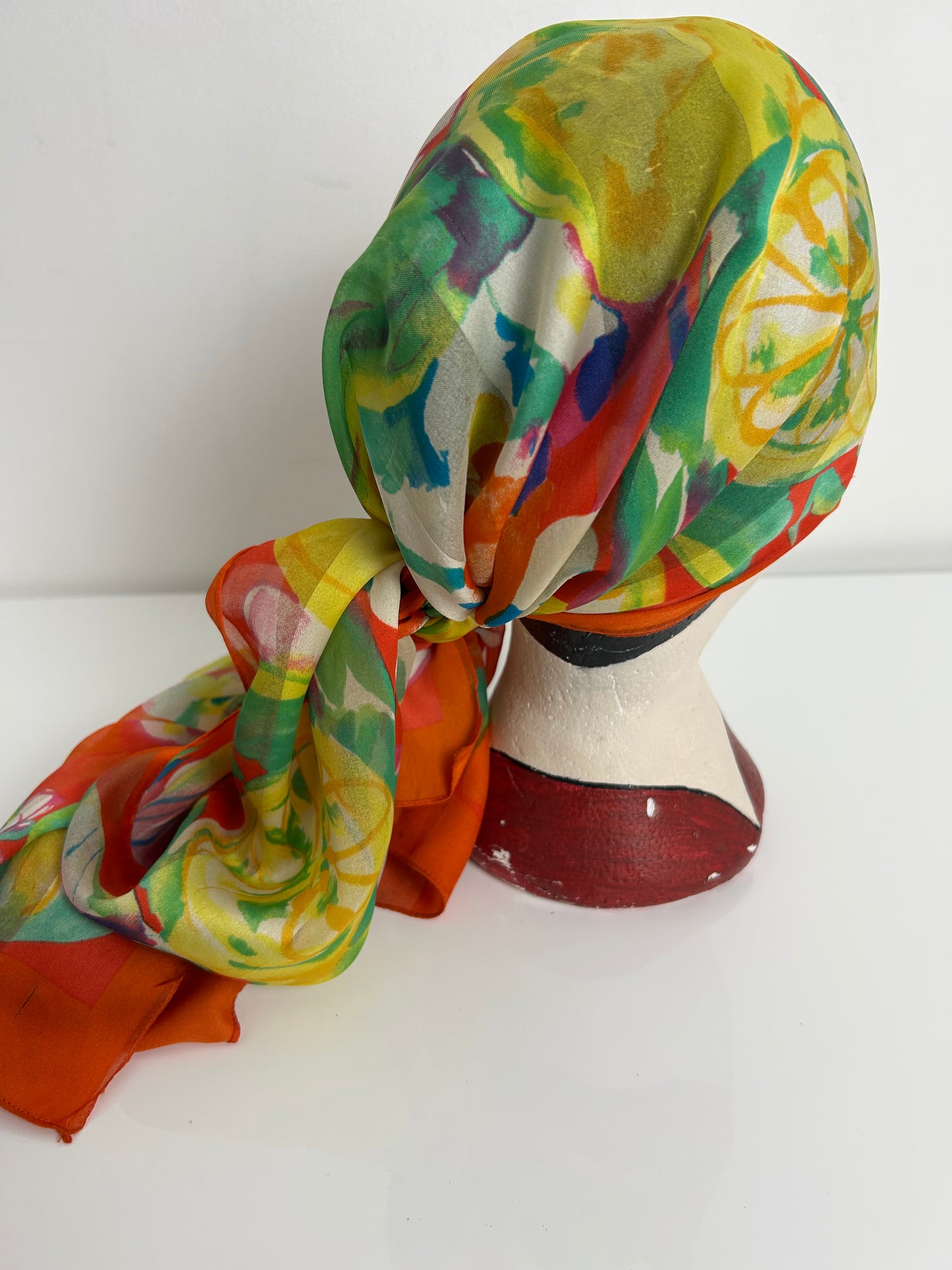 Vintage C&A Orange Yellow & Green Floral & Lemons Print Long Chiffon Scarf 154cm x 41cm