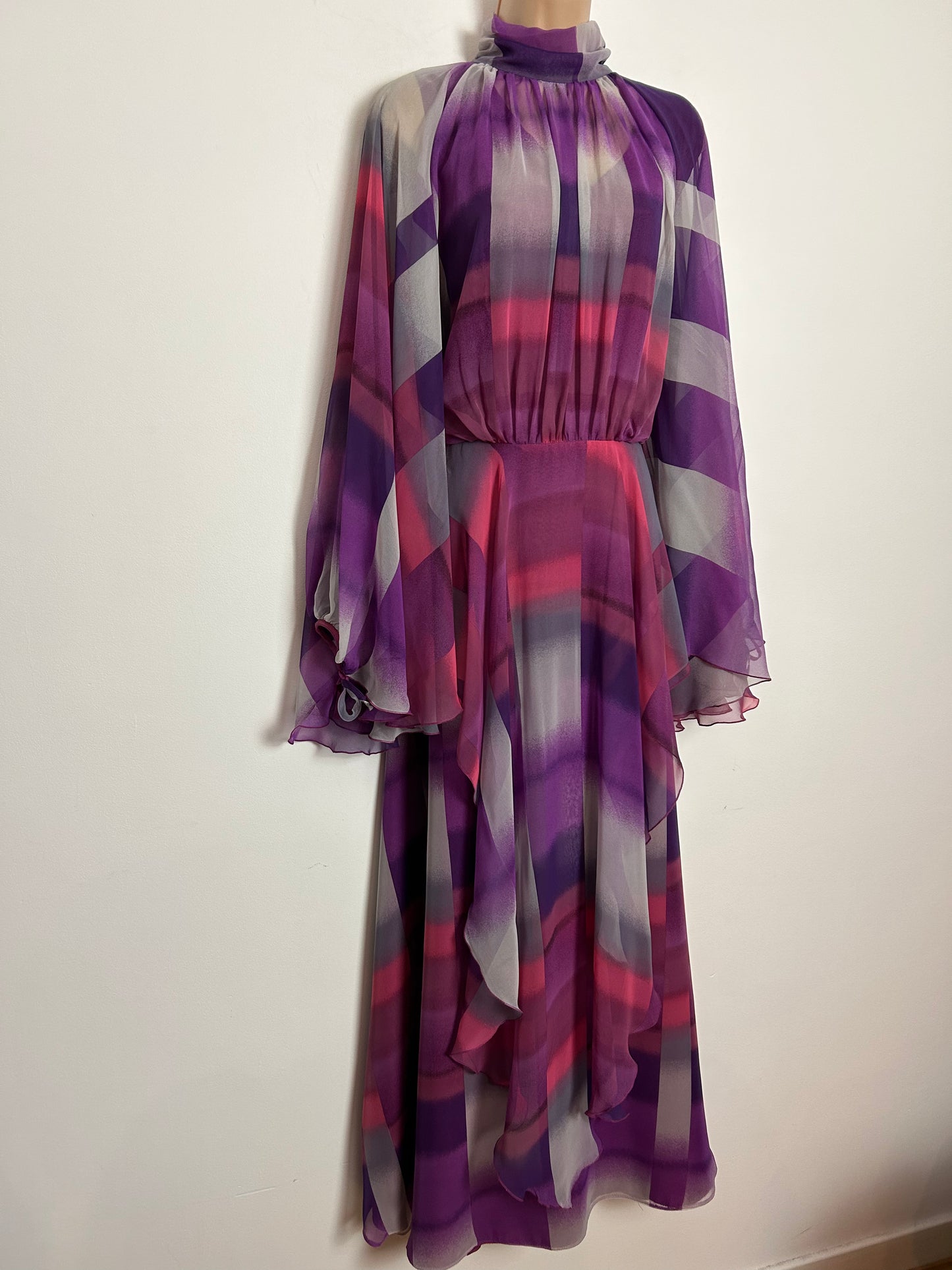 Vintage 1970s UK Size 12 Stunning Purple Pink & Grey Stripe Print HUGE Flared Cape Sleeves Occasion Maxi Dress