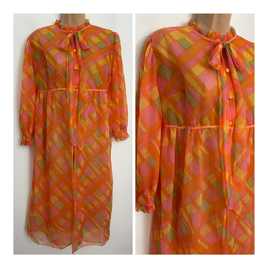 Vintage 1960s Size 12 Orange Yellow Pink & Green Diamond Check Print Nylon Baby Doll Dress /Nightie