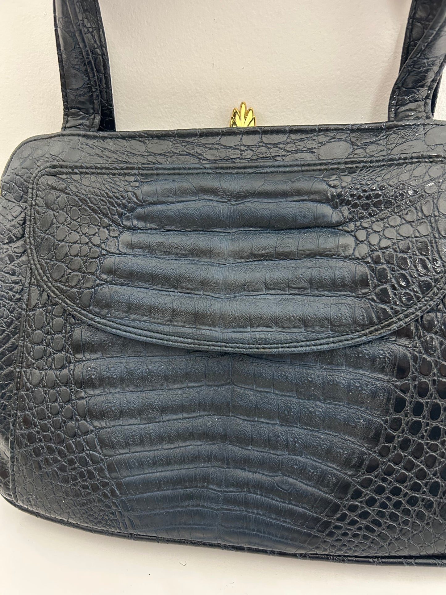 Vintage 1960s Black & Very Dark Blue Mock Croc/Alligator Vinyl Kelly Style Handbag