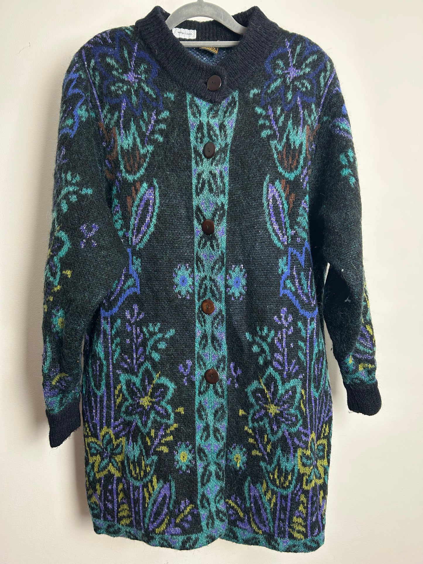Vintage 1980s Size 12-14 Slouchy Fit Black Green & Blue Wool Mix Long Line Chunky Cardigan