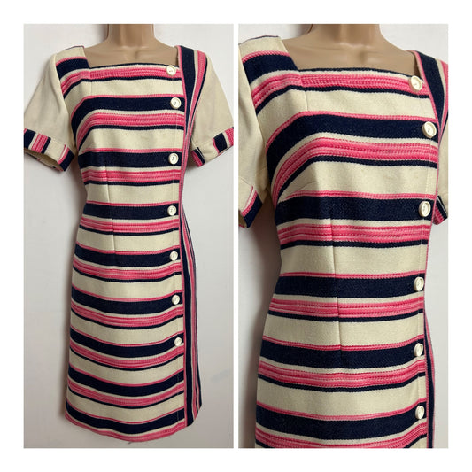 Vintage 1960s CREATION ELEGANCE PARIS UK Size 10-12 Cream Navy Blue & Pink Stripe Pure New Wool Mod Shift Dress