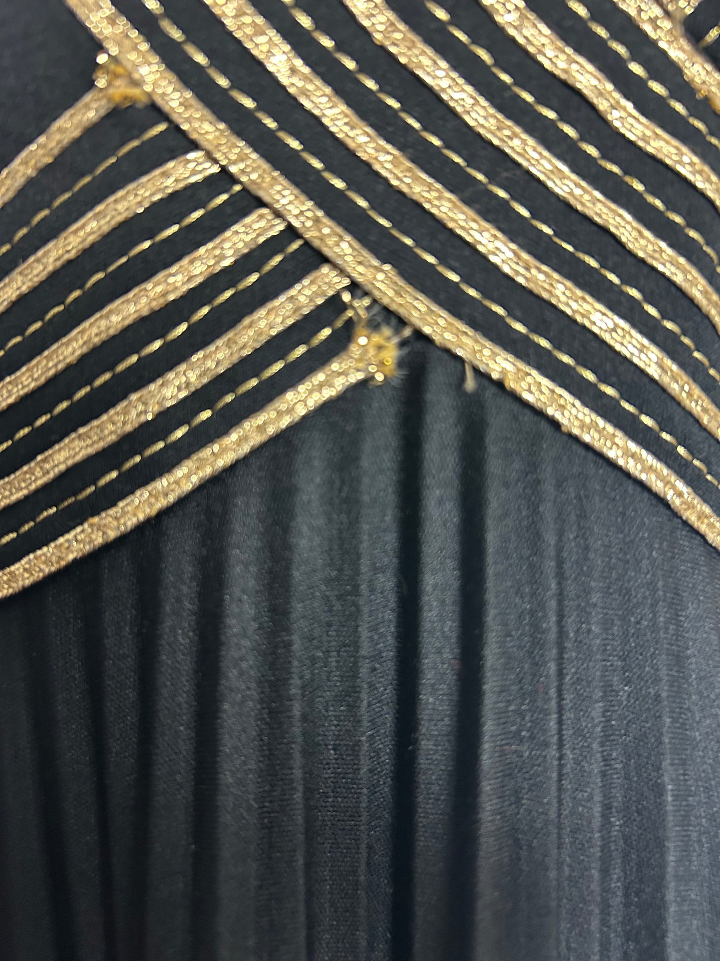 Vintage 1970s YVETTE Size 6-8 Black & Gold Braid Trim Pleated Empire Line Evening Maxi Dress