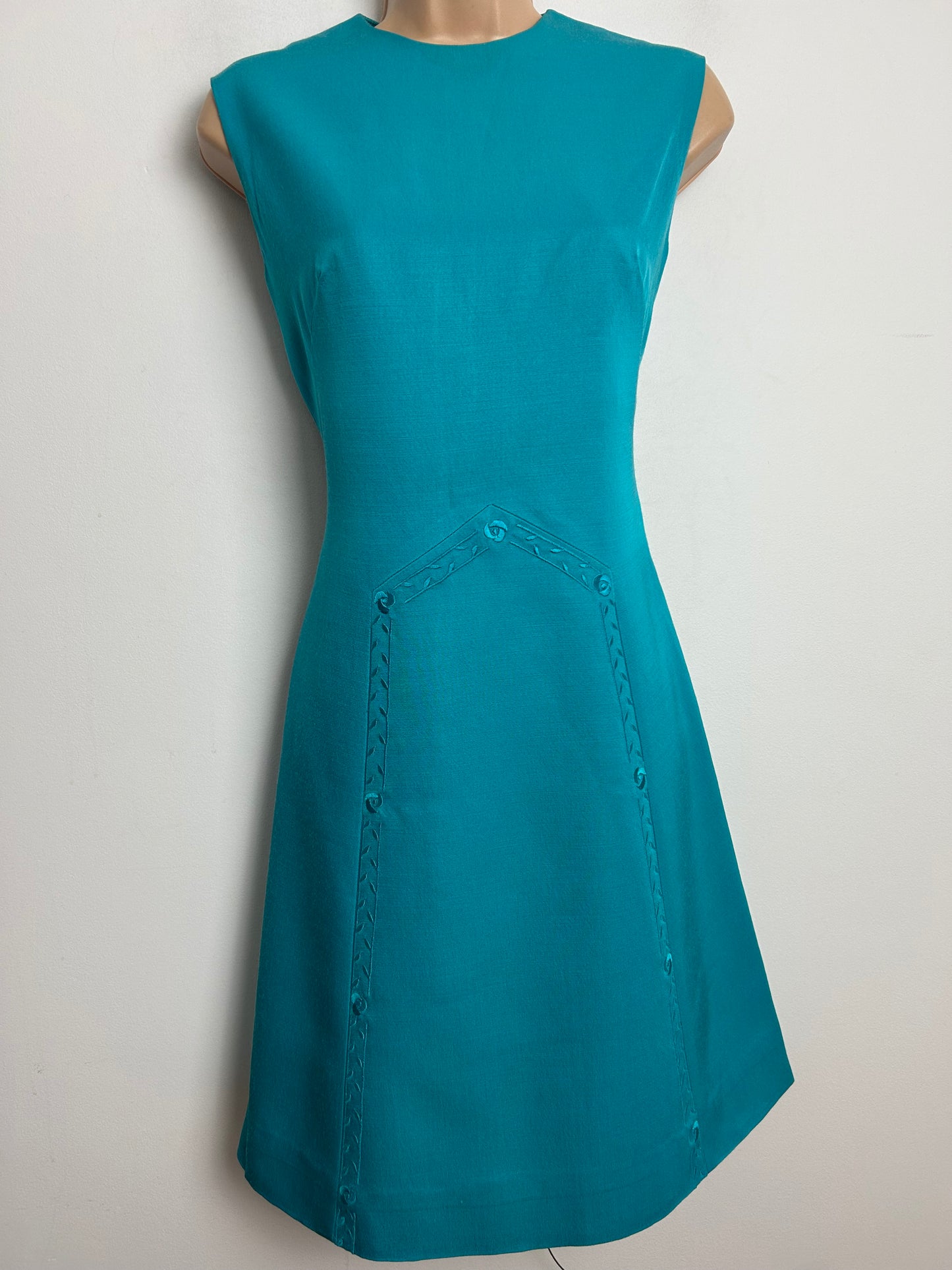 Vintage 1960s PEGGY FRENCH COUTURE Size 8 Dark Turquoise Embroidered Stitch Detail Mod Shift Dress