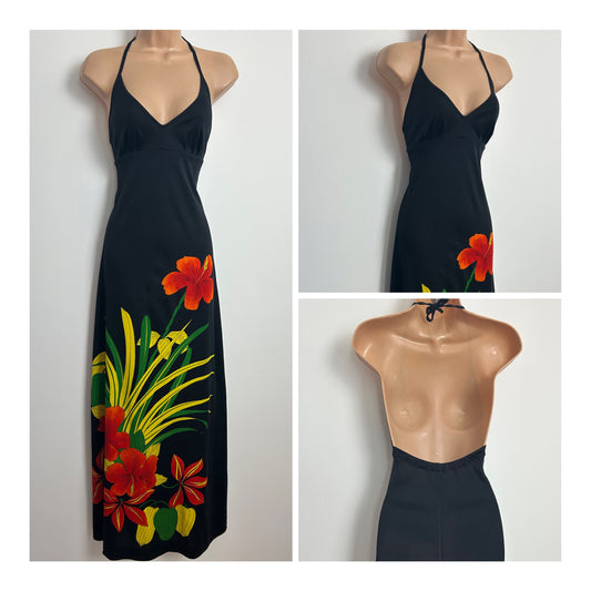 Vintage 1970s Size 6-8 Black Orange & Yellow Bold Floral Print Halter Neck Summer Maxi Dress