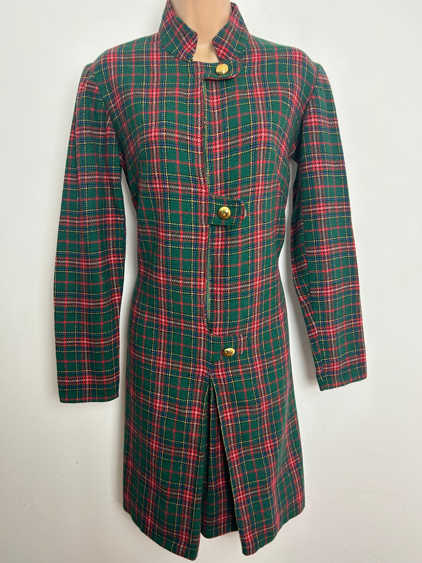 Vintage 1960s Size 10 Green & Red Tartan Check Wool Mod Shift Dress