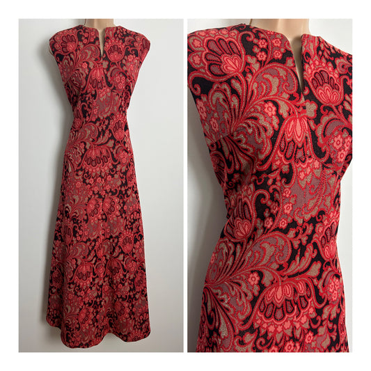 Vintage 1970s Size 14 Orange /Coral Red Black & Silver Floral Print Occasion Evening Maxi Dress