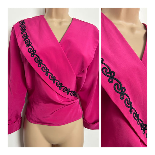 Vintage 1980s SHELANA LONDON Size 16 Fuchsia Pink Braid Trim Full Wrap Style Blouse Top