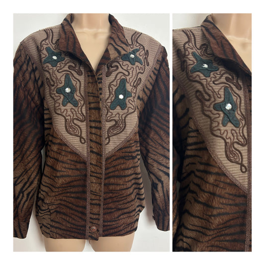 Vintage 1980s Size 12-14 Brown & Black Tiger Stripe Animal Print Braid & Applique Bomber Style Jacket