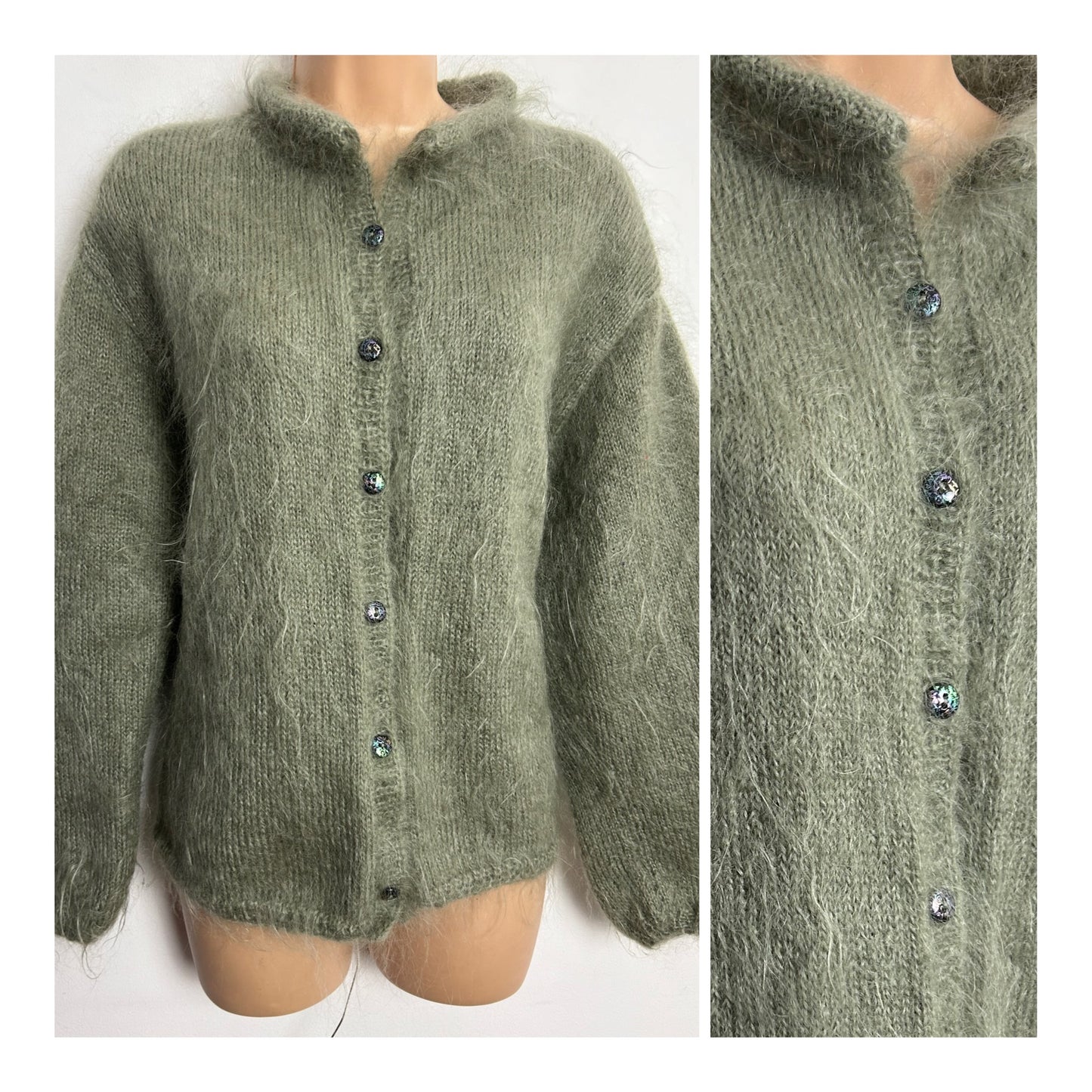 Vintage 1980s Up To Size 16 Sage Green Mohair Mix Long Sleeve Cardigan