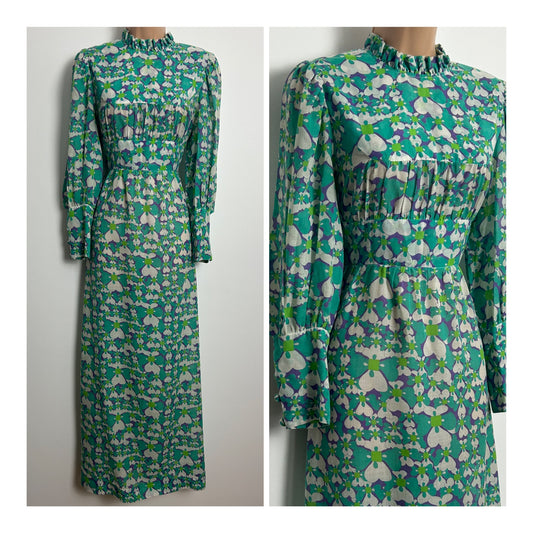 Vintage 1970s RICHARD SHOPS Size 12 Green White & Purple Abstract Long Sleeve Prairie Boho Maxi Dress