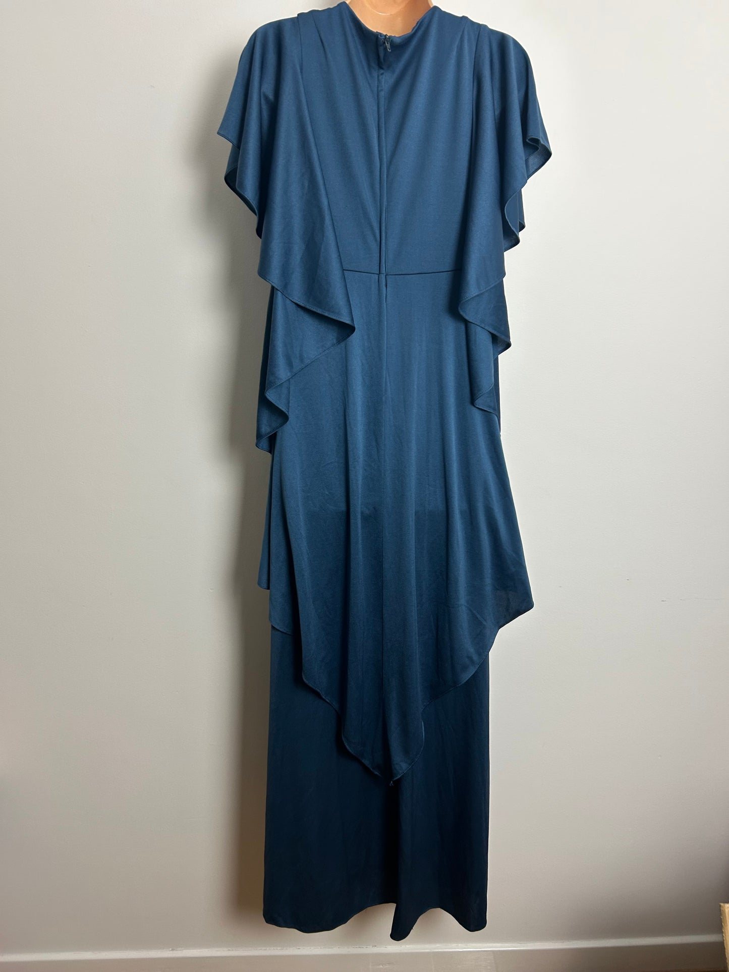Vintage 1970s MR DARREN Size 8-10 Midnight Dusky Blue Frill Floaty Sleeve Double Layered Maxi Dress