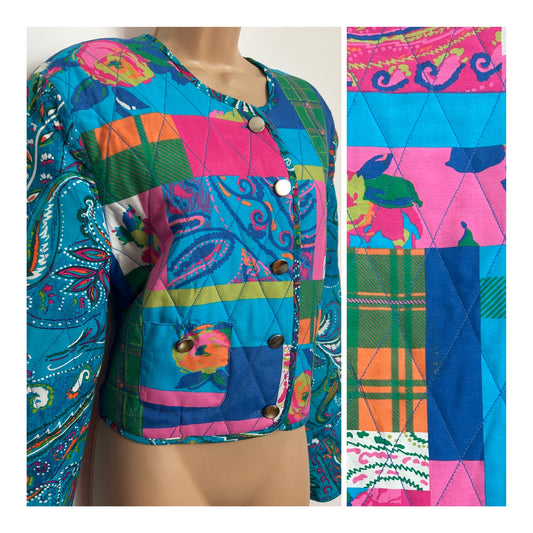Vintage 1980s BETTY BARCLAY Size 14 Blue Green Pink & Orange Floral Quilted Jacket