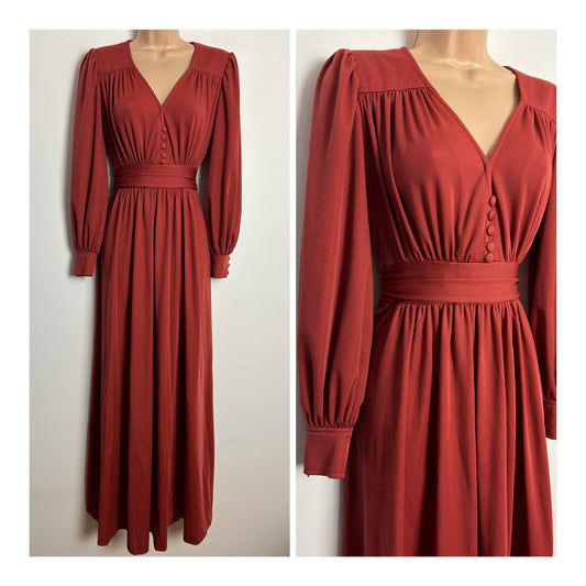 Vintage 1970s CREATION MADEMOISELLE UK Size 6-8 Terracotta Long Sleeve Gather Pleated Maxi Dress