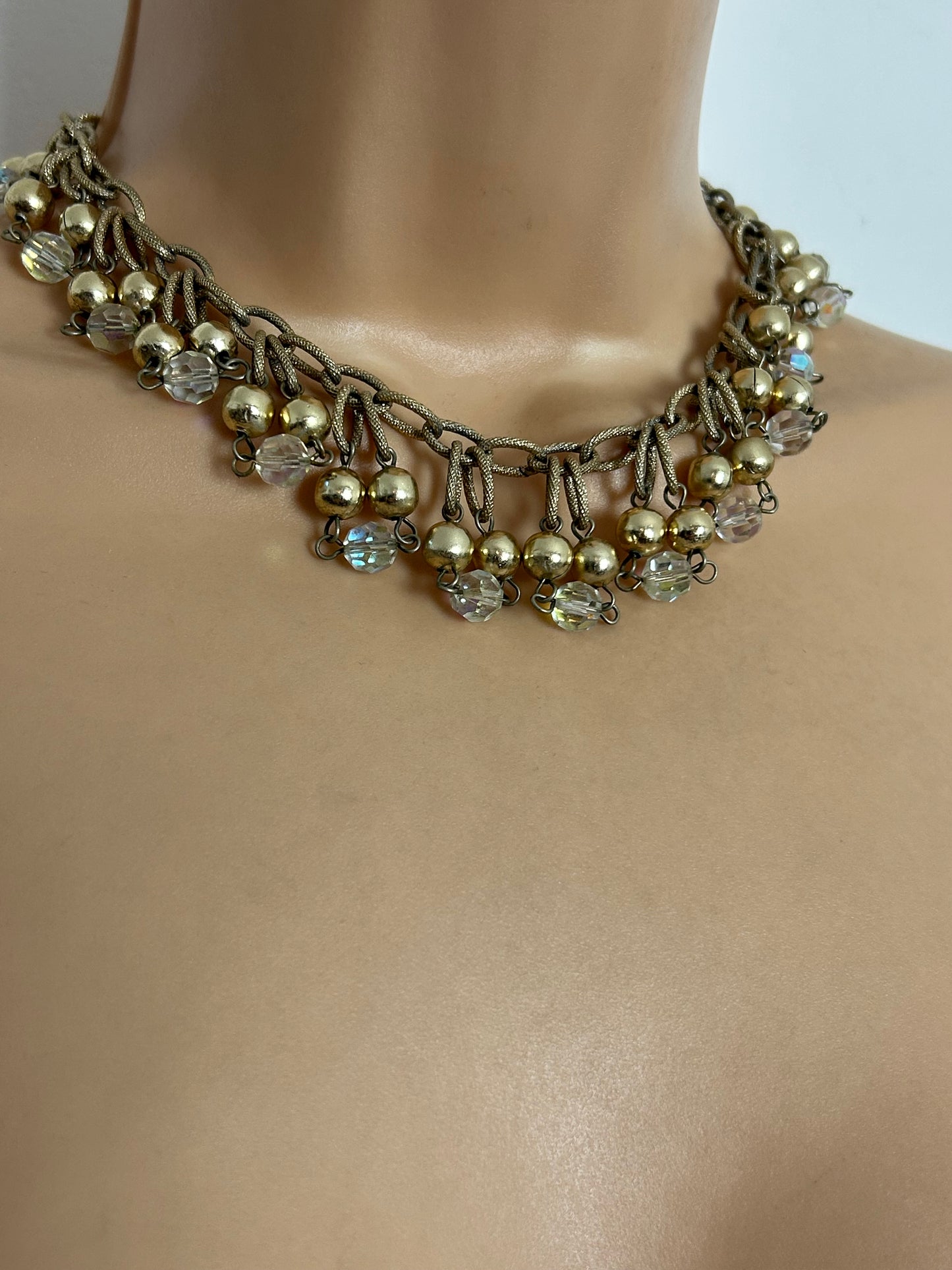 Vintage 1960s Gold Tone Base Metal Glass & Metal Bead Droplets Choker Necklace