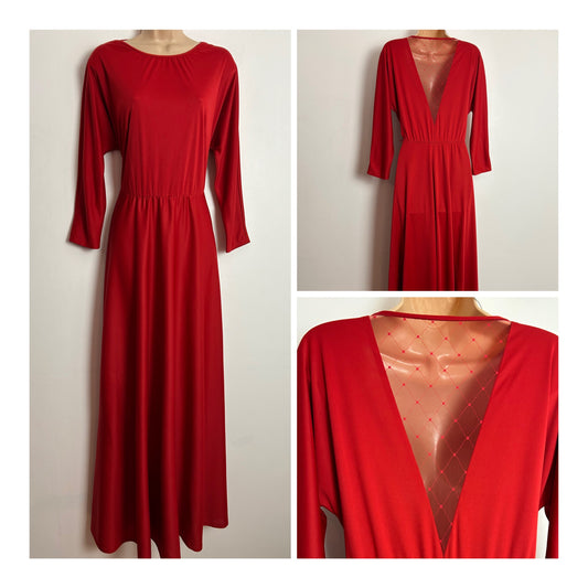 Vintage 1980s UK Size 12-14 Deep Red Long Dolman Sleeve Diamond Mesh Back Panel Maxi Dress