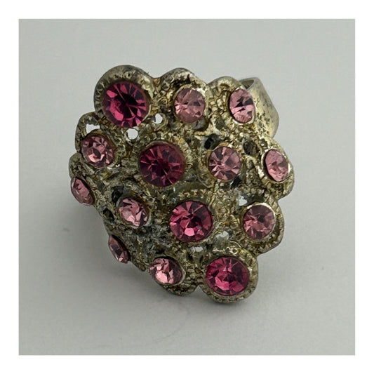 Vintage Silver Tone Metal & Purple Pink Diamante Stone Set Adjustable Ring Up To UK Size U