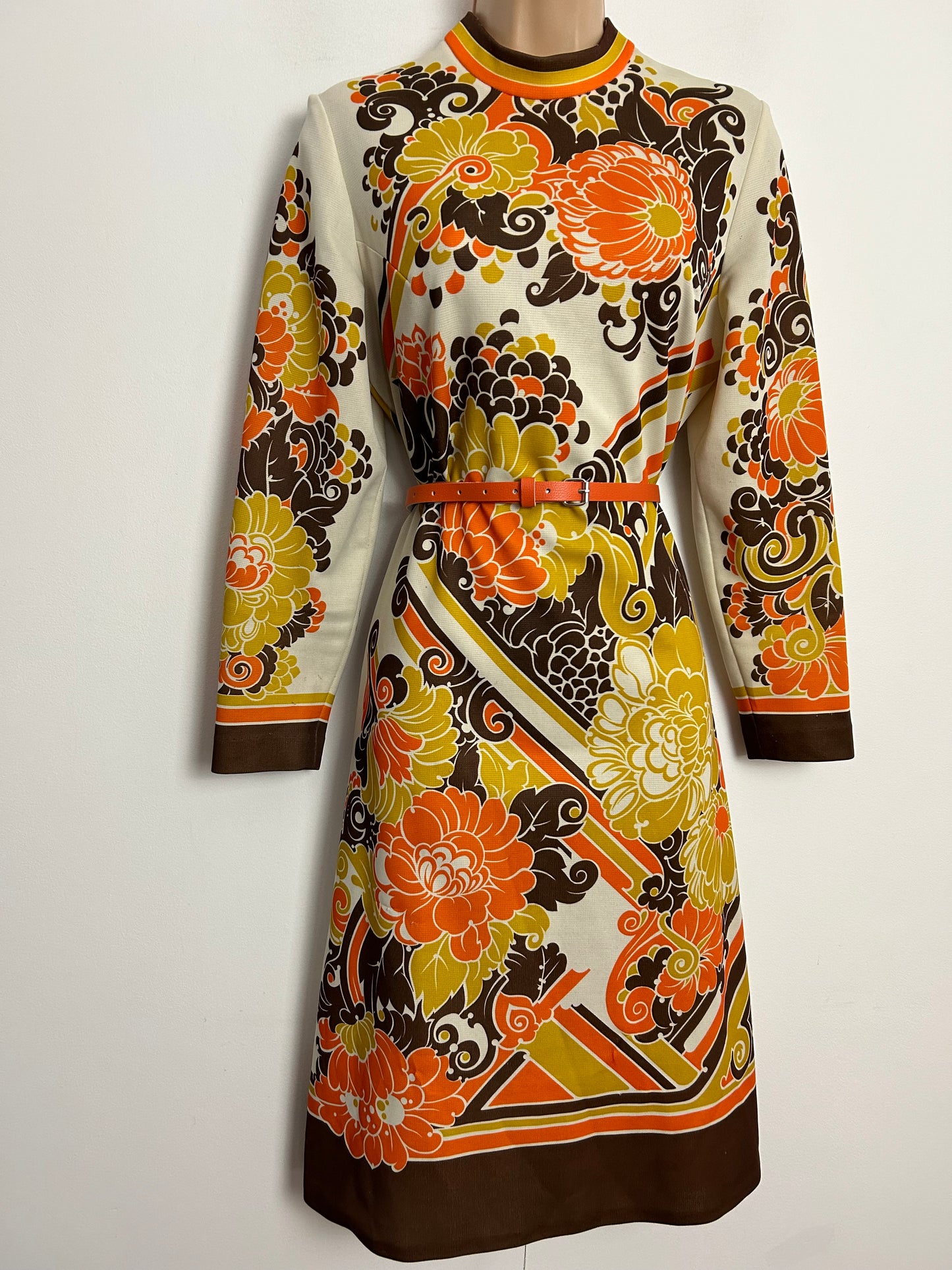 Vintage 1970s LADIES PRIDE UK Size 12 Cream Brown Orange & Mustard Yellow Floral & Stripe Print Long Sleeve Dress