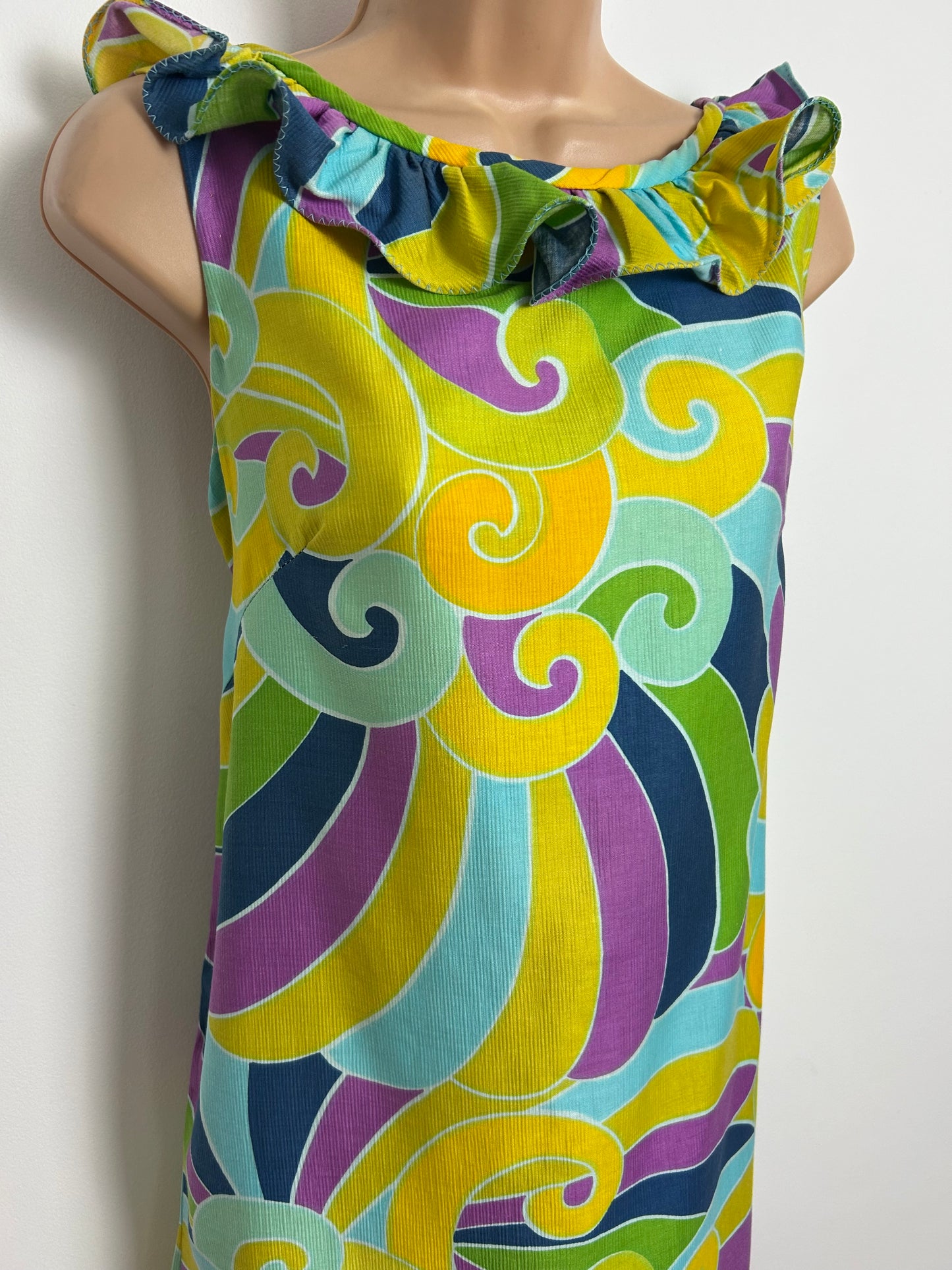 Vintage 1960s Size 10-12 Yellow Blue Purple & Green Swirl Print Ruffle Trim Shift Dress