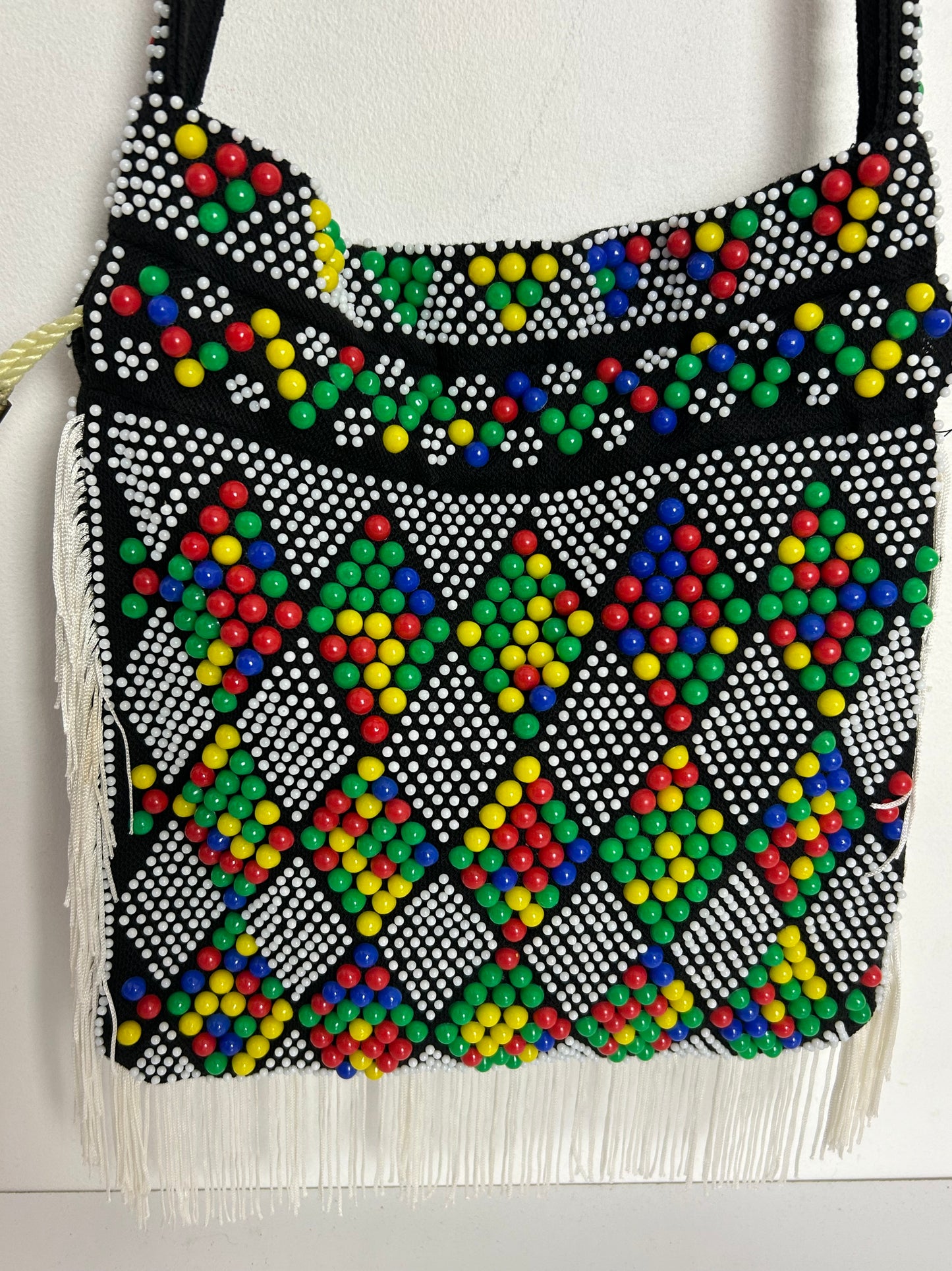 Vintage 1970s Black Fabric Multicolour Beaded Draw Tie Pouch Shoulder Bag