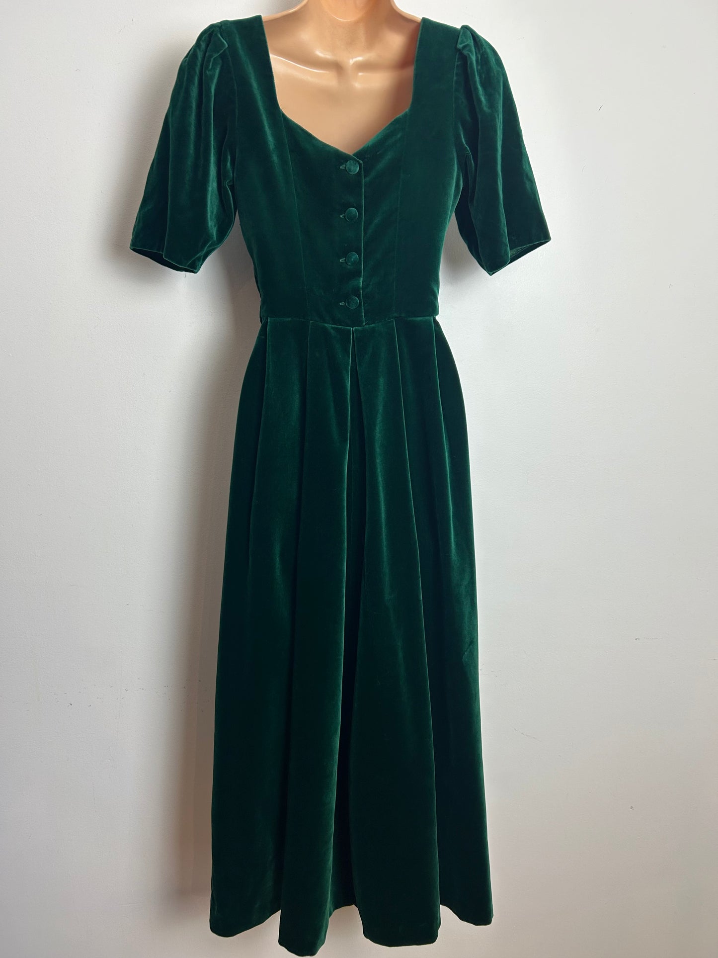 Vintage 1980s LAURA ASHLEY Size 6 (8 On Label) Dark Green Velvet Pleated Xmas Dress