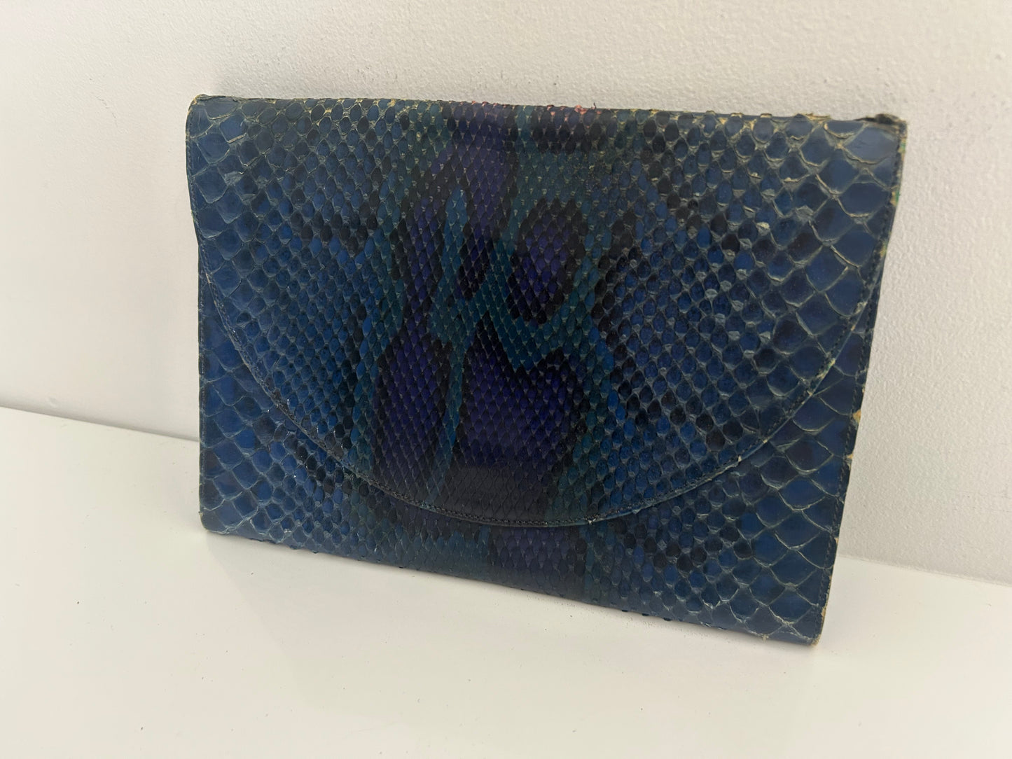 Vintage 1980s Dark Blue Tones Snake Skin Leather Clutch Or Shoulder Bag