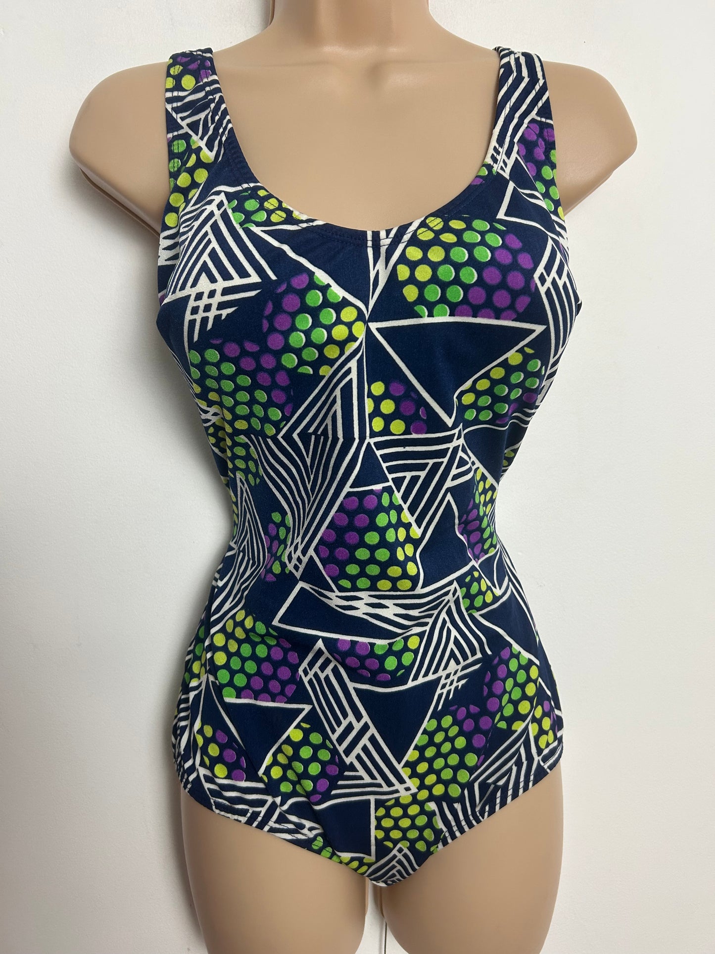 Vintage 1970s Size 14 Navy Blue White Green & Purple Stripe Geo & Spot Print Moulded Cups Swimsuit