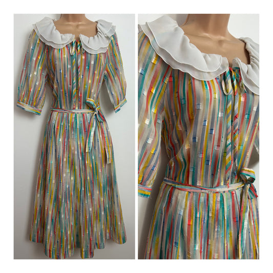 Vintage 1980s Size 12 White Coral Blue Green & Yellow Stripe Print Frill Collar Pleated Day Dress
