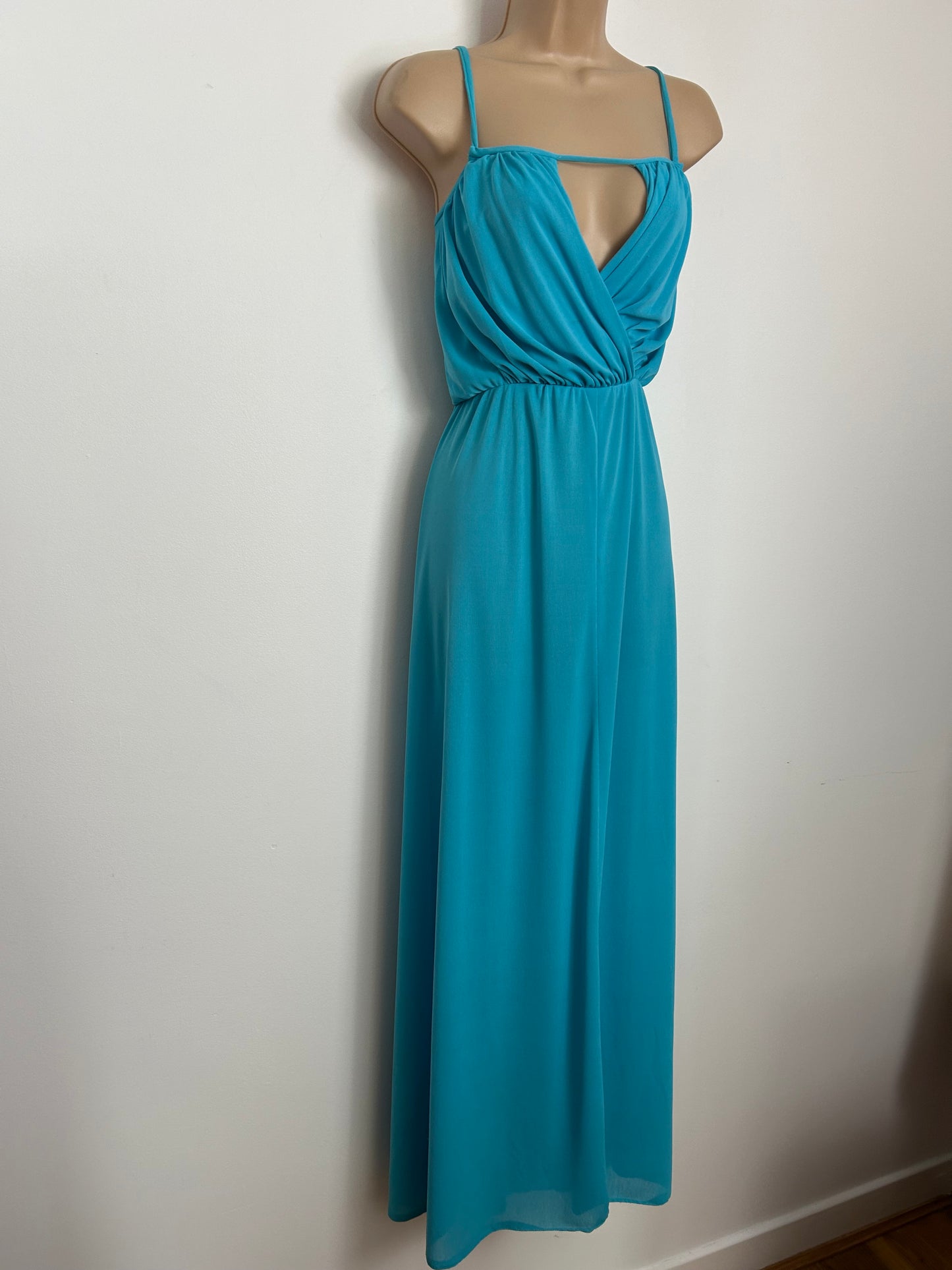 Vintage 1970s Size 12-14 MR DARREN Turquoise Cut Out Panel Strappy Summer Occasion Maxi Dress