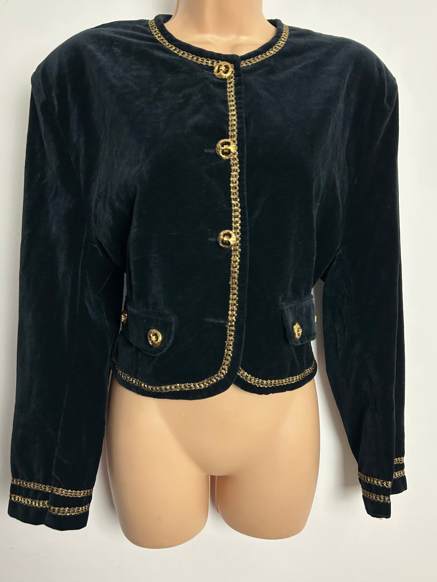 Vintage 1980s Size 14-16 Black & Gold Braid Trim Velvet Evening Jacket