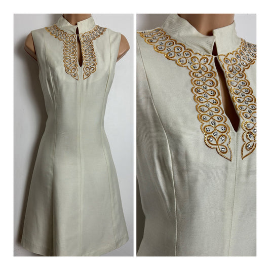 Vintage 1960s WENDY Size 8 Winter White Gold Braid & Diamante Embellished Mod Occasion Shift Dress