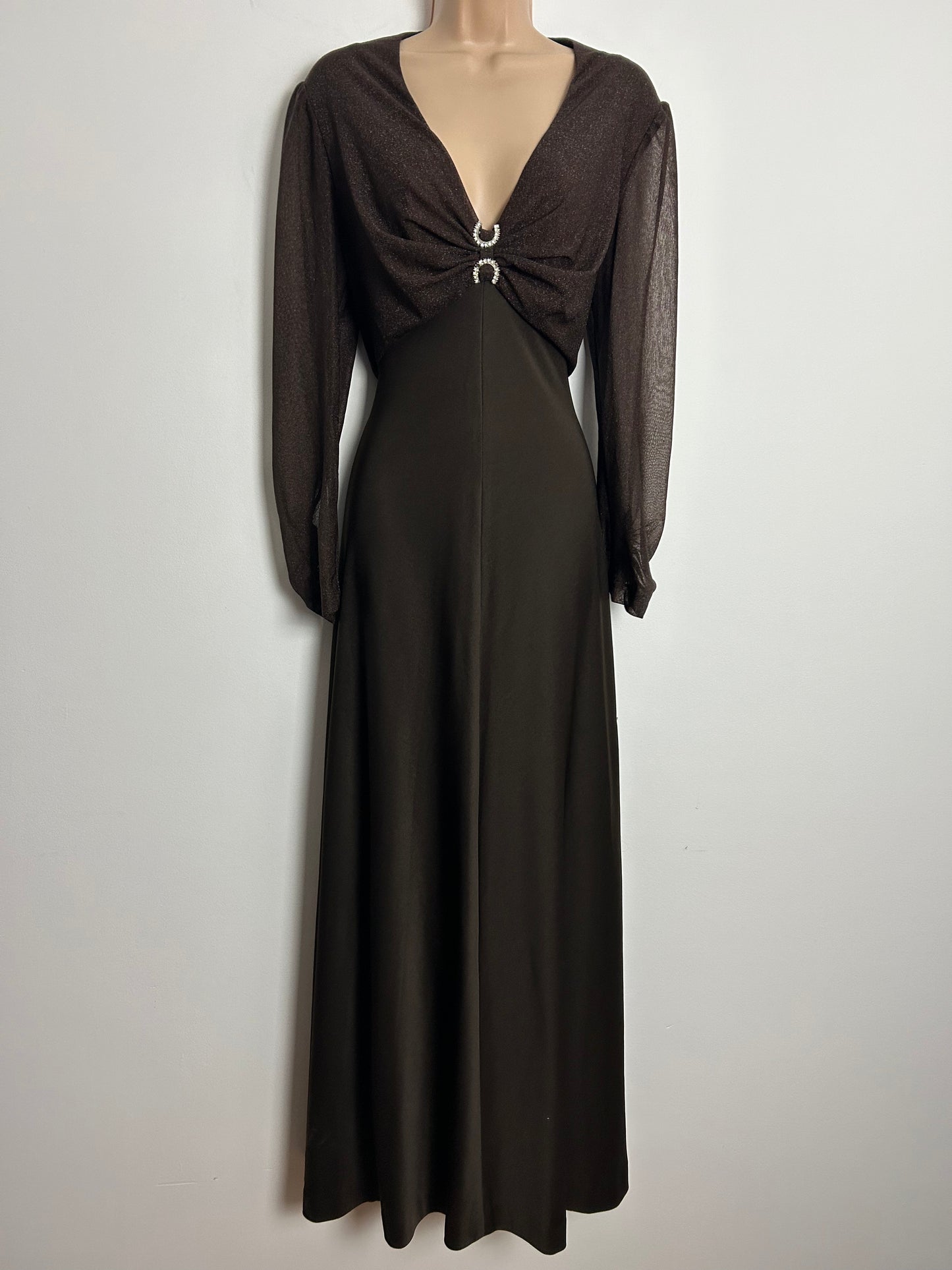 Vintage 1970s DOBETT UK Size 12-14 Brown Lurex Bodice Long Sleeve Occasion Evening Maxi Dress