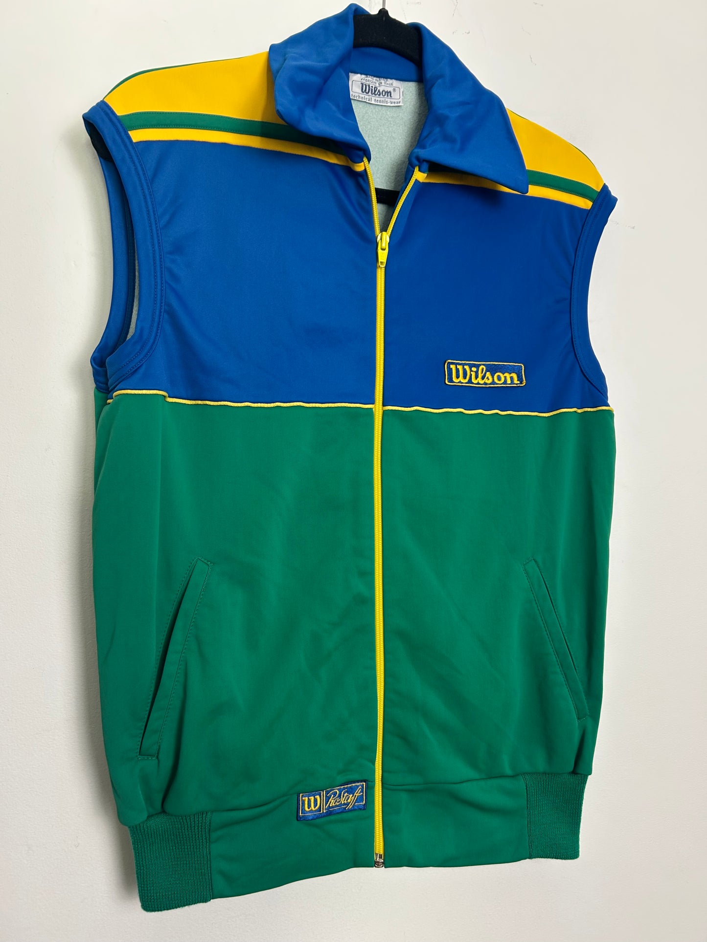 Vintage WILSON PROSTAFF Tennis-Wear Size 12 Blue Green & Yellow Retro Sleeveless Gilet Windbreaker