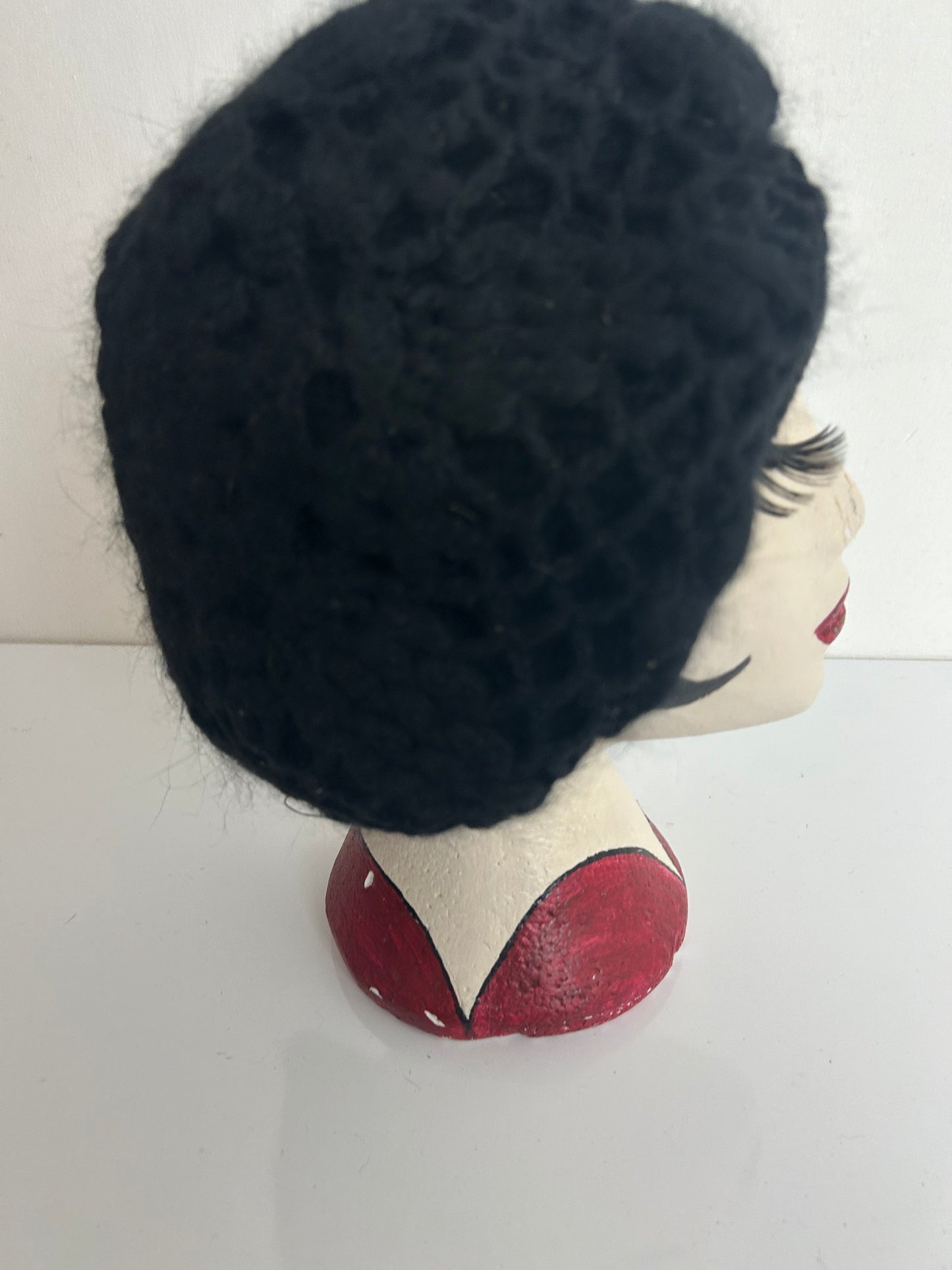 Vintage Black Crochet Wool & Angora Mix Beret Hat
