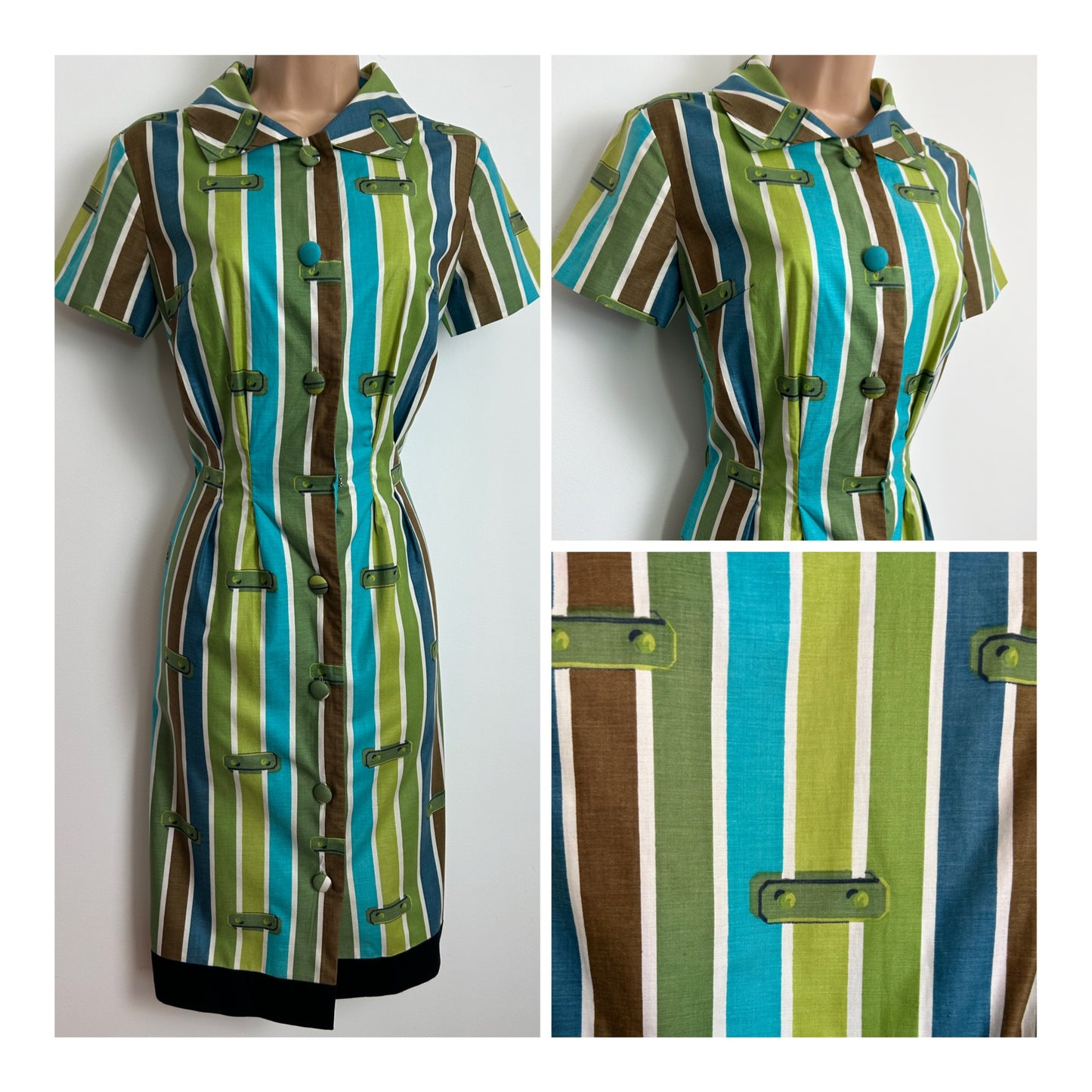 Vintage Early 1960s GLOBAL STYLED BY PARIS Size 8 Green & Brown Tones Stripe Print Cotton Fitted Day Dress