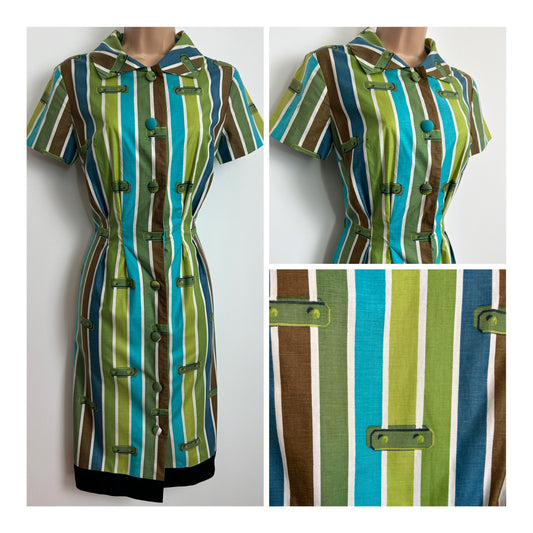 Vintage Early 1960s GLOBAL STYLED BY PARIS Size 8 Green & Brown Tones Stripe Print Cotton Fitted Day Dress