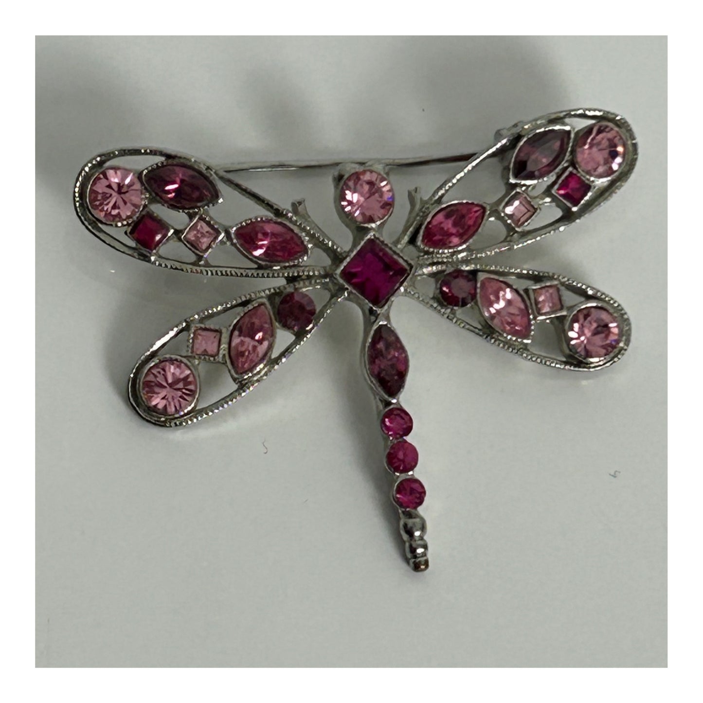 Vintage 1980s Silver Tone & Pink Diamante Rhinestone Dragonfly Brooch