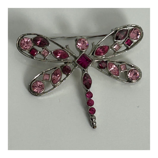 Vintage 1980s Silver Tone & Pink Diamante Rhinestone Dragonfly Brooch
