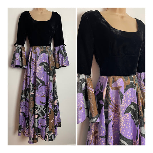 Vintage 1970s UK Size 6-8 Stunning Black & Pink Tones Abstract Print Velvet & Lurex Occasion Evening Maxi Dress