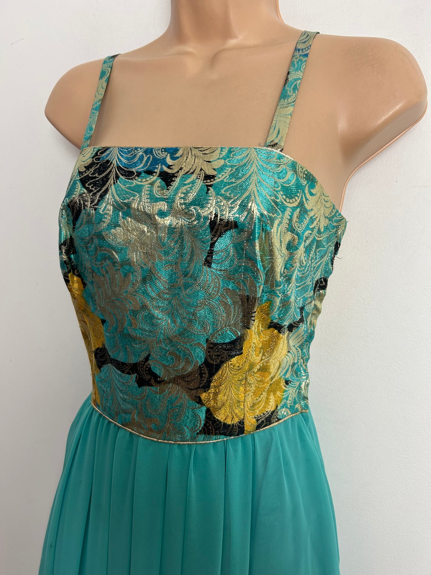 Vintage 1970s MUREK Size 6 Beautiful Seafoam Green & Gold Leaf Pattern Strappy Special Occasion Maxi Dress