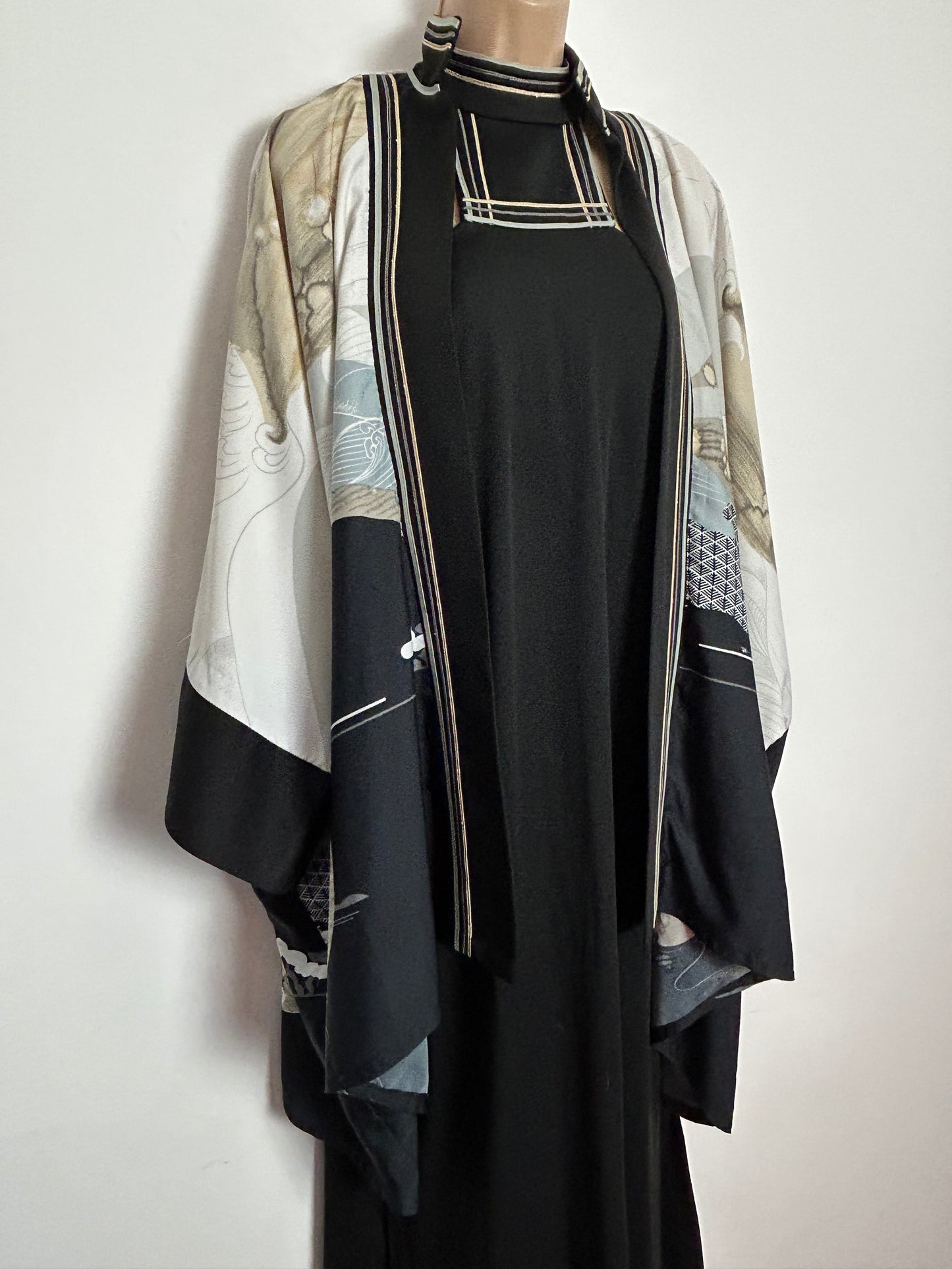 Vintage 1970s RARE UK Size 8/10 AMAZING Black Dress & Matching Cover Up Kimono By Indigo